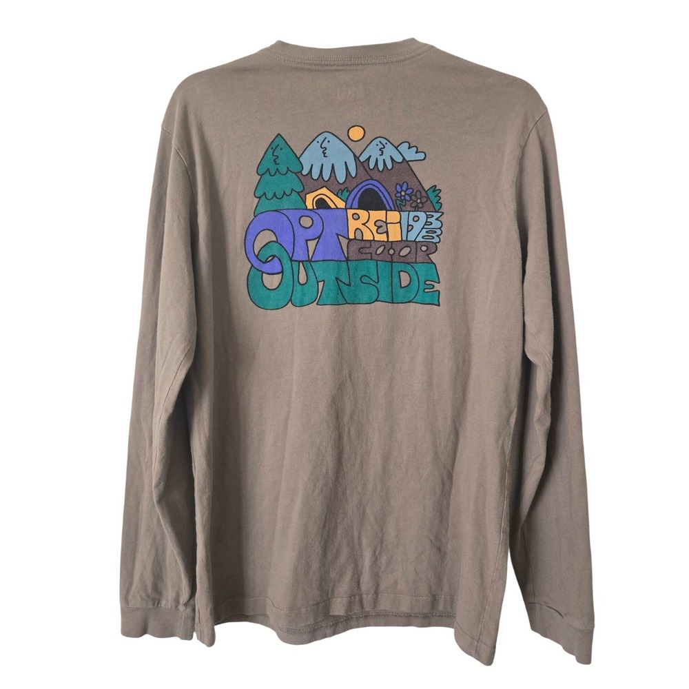 REI Co-op Mens XS Long Sleeve T-Shirt Brown Opt Outside Graphic Organic Cotton